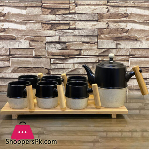 Ceramic Tea Cups Sets with Wooden Trays 6 Tea Cup and Tea Kettle with Wooden Handle