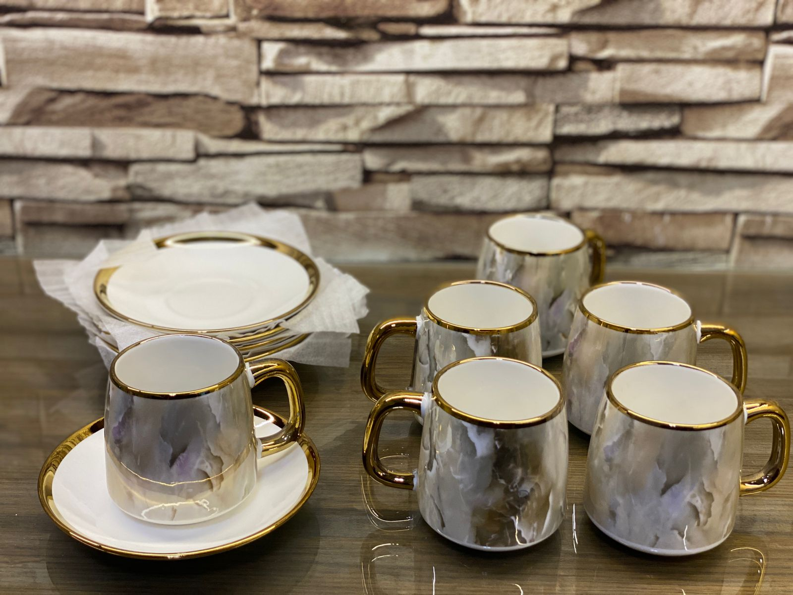 Elite Marble Texture Cup Saucers Set With Gold Rim