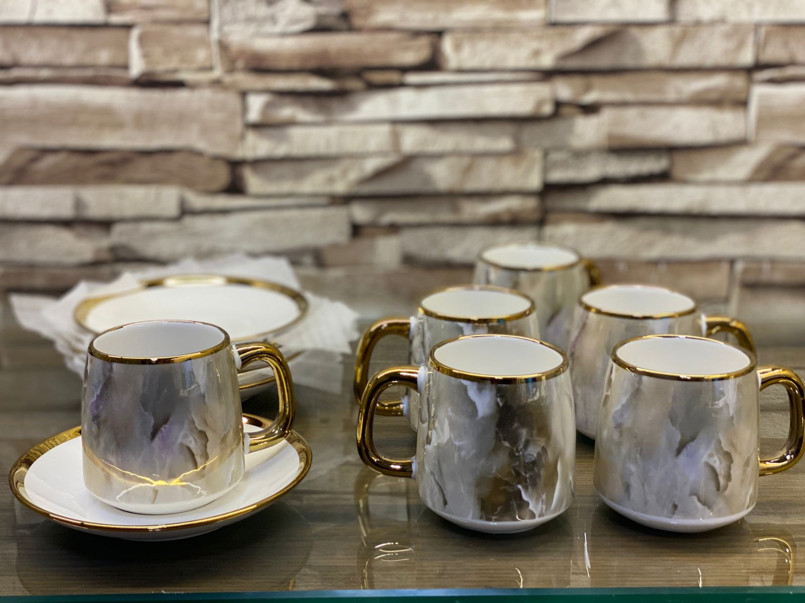 Elite Marble Texture Cup Saucers Set With Gold Rim