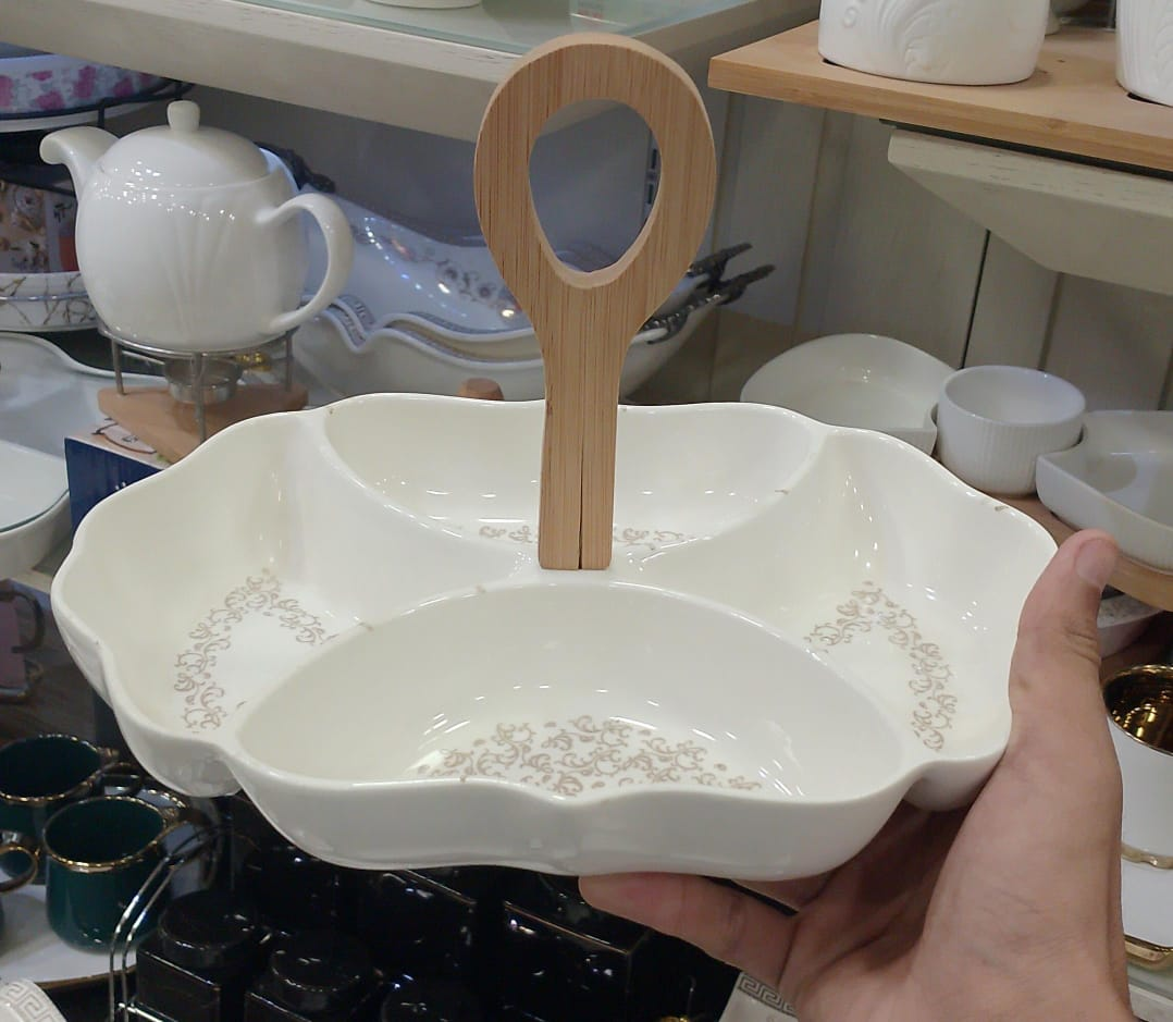 Four Section Serving Dish With Wooden Handle