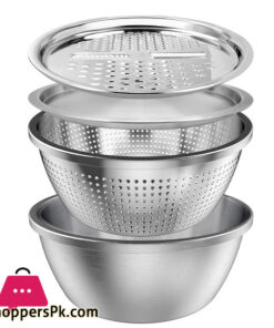 Multifunctional Stainless Steel Basin Grater - Salad Cutter Bowl-7 in 1 Julienne Slicer, Multifunctional Stainless Steel Colander Drain Basket for Cooking Prepping Food Storage