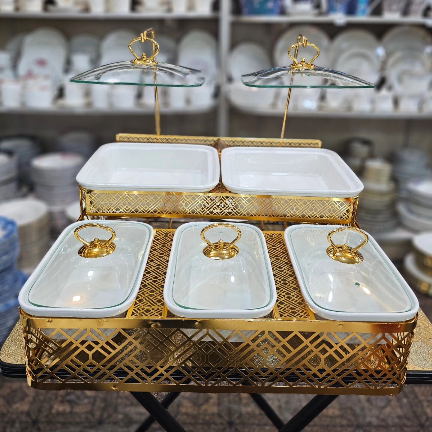 Brilliant 5 Portion Buffet Dish With Golden Stand Serving Dish With Candle Stand
