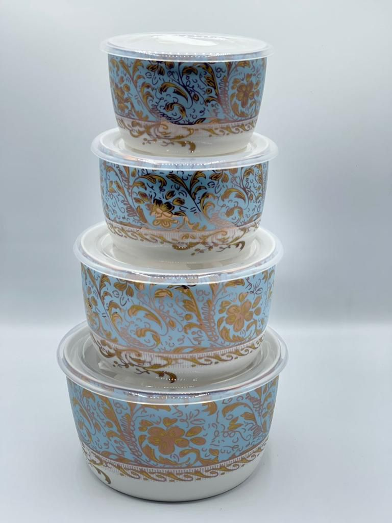 Ceramic Ware Bowl Set With Plastic Lid Microwave Safe Set Of 4