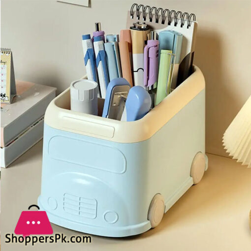 Desktop Pen Holder 3 Compartments Cute Bus Shape Multifunctional Stationery Pencil Organizer Container Storage Box