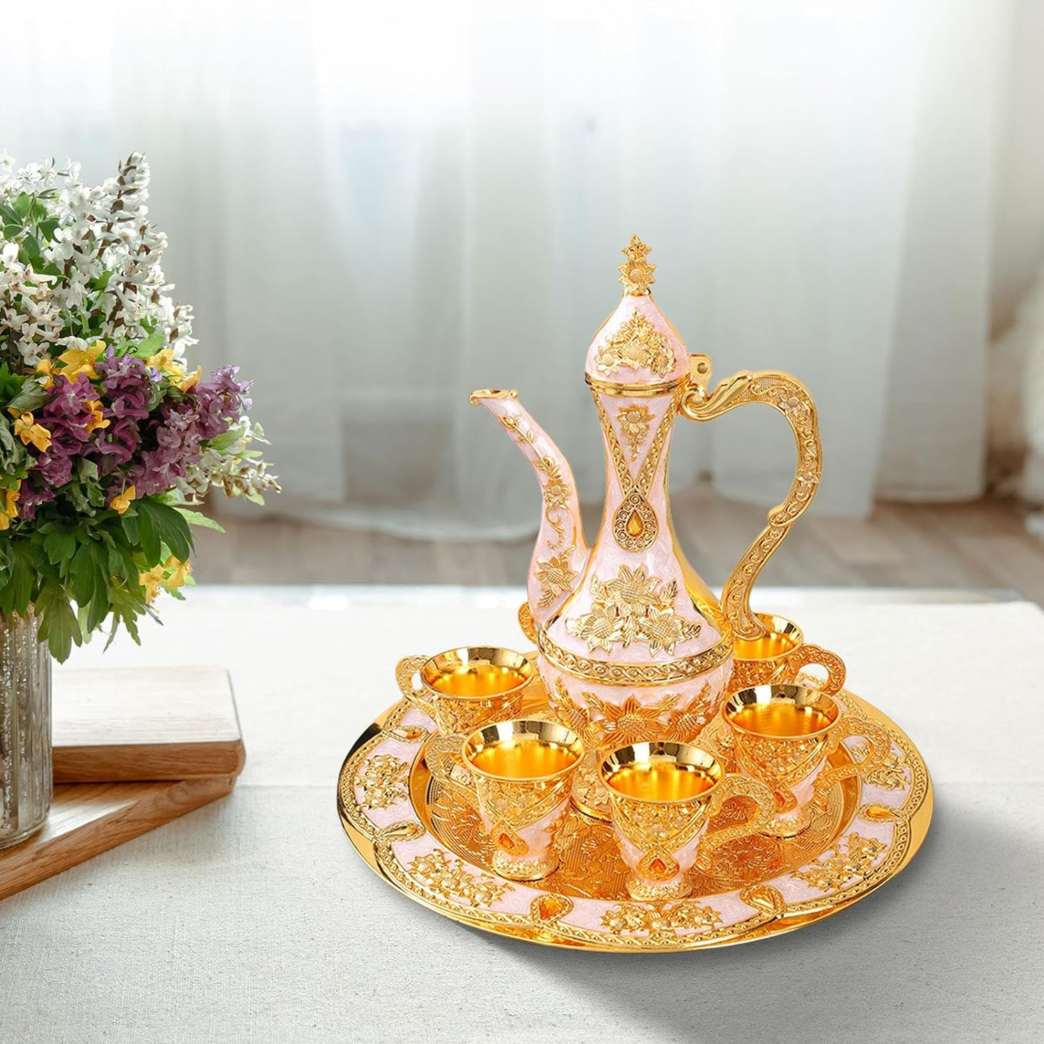 European Kawa Set Turkish Coffee Set Beverage Drinkware Tea Trays Tea Service Set Water Serving Set For Wedding Dining Room Decoration, White