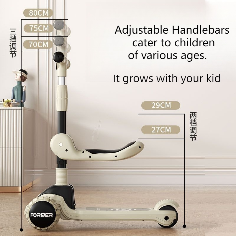 Kids Scooter For Kids Adjustable Height And Removable Seat With 3 Led Wheel