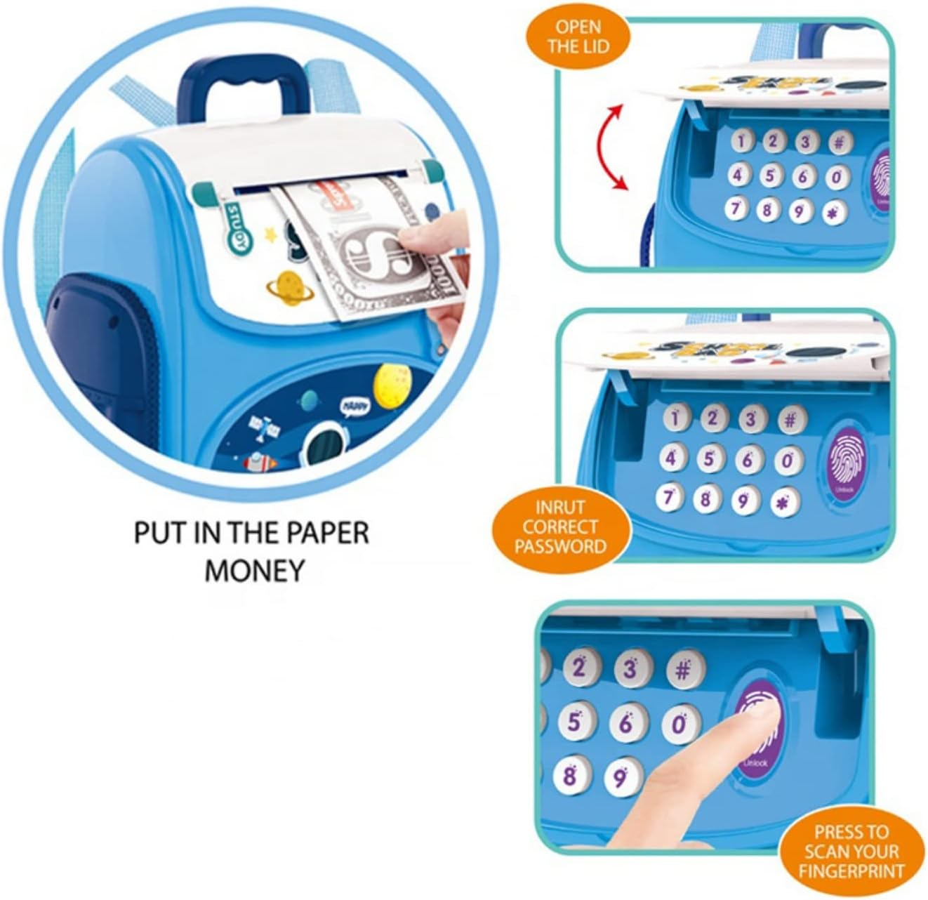 Money Bank With Finger Print Sensor Lock – Money Saving Portable School Bag Design Coin Bank For Kids, Money Bank With Sound And Music