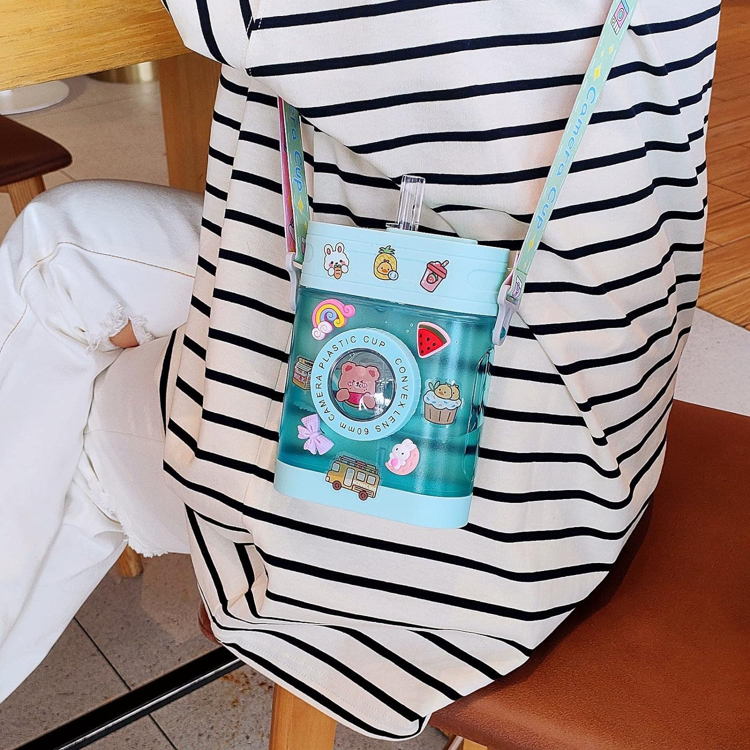 Water Bottle Cute Camera Water Bottles With Straw Leakproof, Bpa-Free, 15 Oz