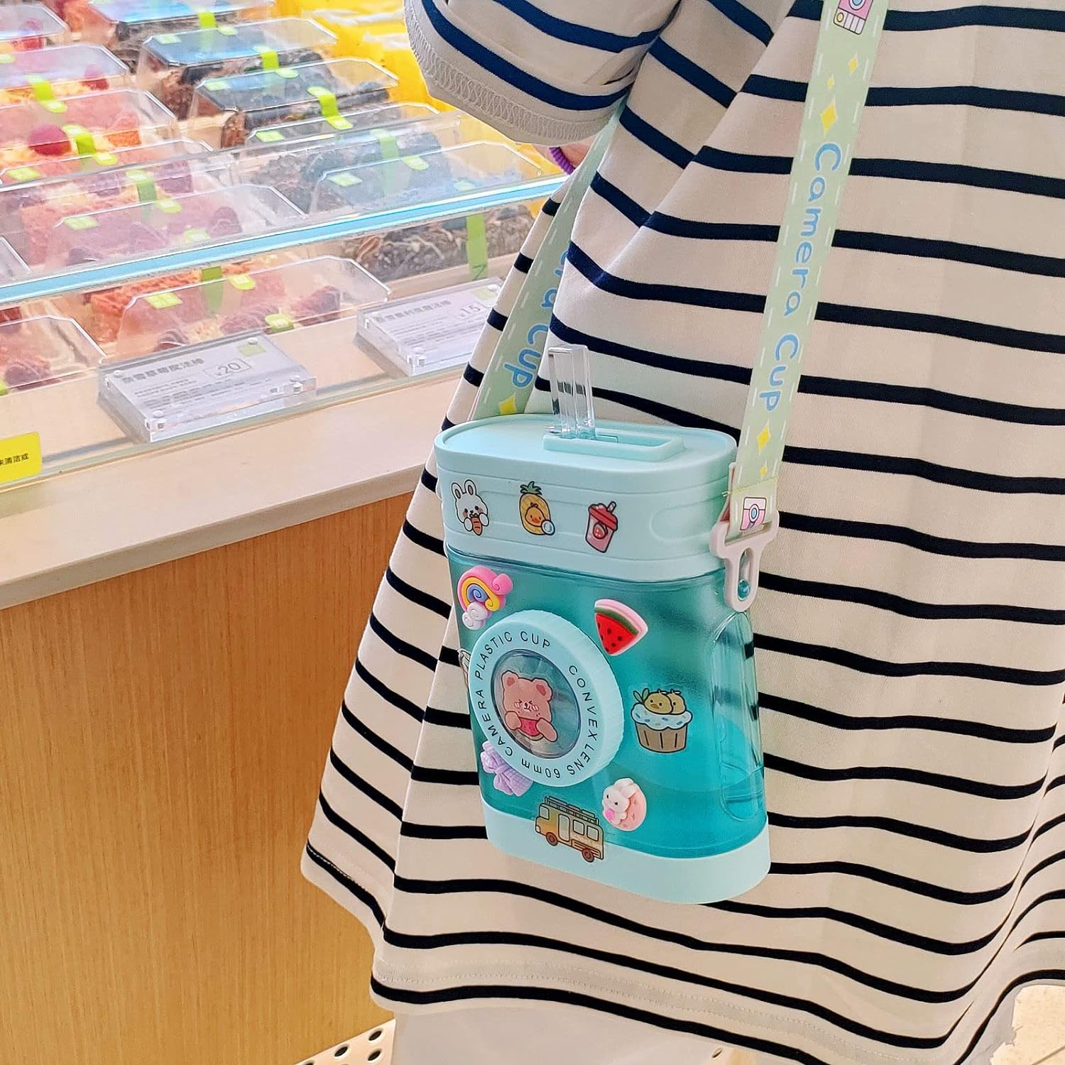 Water Bottle Cute Camera Water Bottles With Straw Leakproof, Bpa-Free, 15 Oz