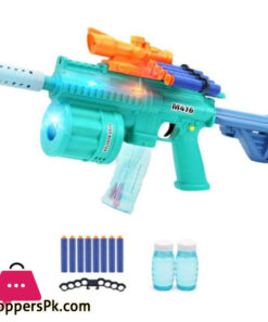 3 in 1 Bubble Gun with Soft Dart Blaster 8 Music Tones & Light Bubble Blower with 2 Bottles of Bubble Solution (50ml), 8 Soft Bullets