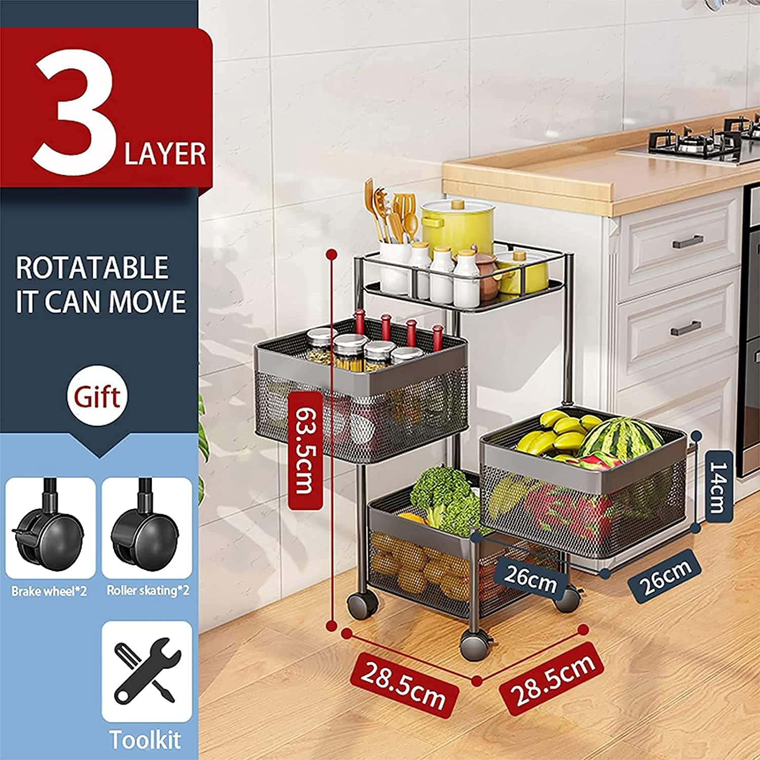 3-Layer Rotating Kitchen Storage Vegetable Fruite Basket With Wheels