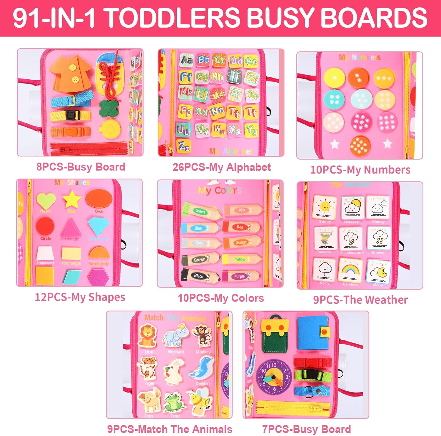 Busy Board 7 In 1 Toddler Busy Board For 3+ Years Old 91Pcs Montessori Board For Toddler To Learn Fine Motor Skills Sensory Board For Toddlers Preschool
