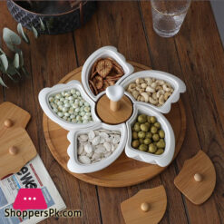Ceramic Snack Tray With Wooden Lid Rotatable 5 Grids Snack Bowl Wood Surfaces Dessert Fruit Plate Decorative Plate Tableware