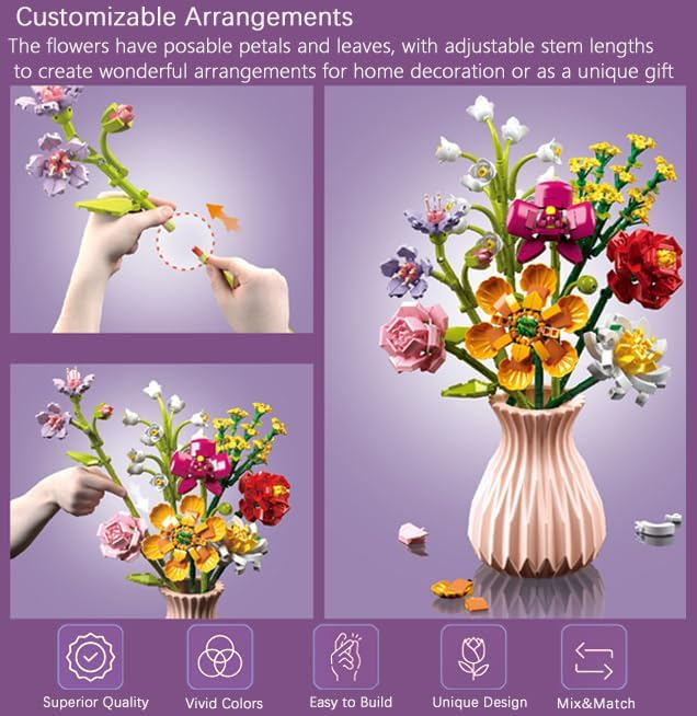 Cute Mini Flower Bouquet Building Sets, Bricks Artificial Flowers With Vase Diy Unique Decoration Home, 756 Pieces Botanical Collection And Table Art For Adults, Ages 6-12 Years Old Girl For Gift 5 Cute Mini Flower Bouquet Building Sets, Bricks Artificial Flowers With Vase Diy Unique Decoration Home, 756 Pieces Botanical Collection And Table Art For Adults, Ages 6-12 Years Old Girl For Gift