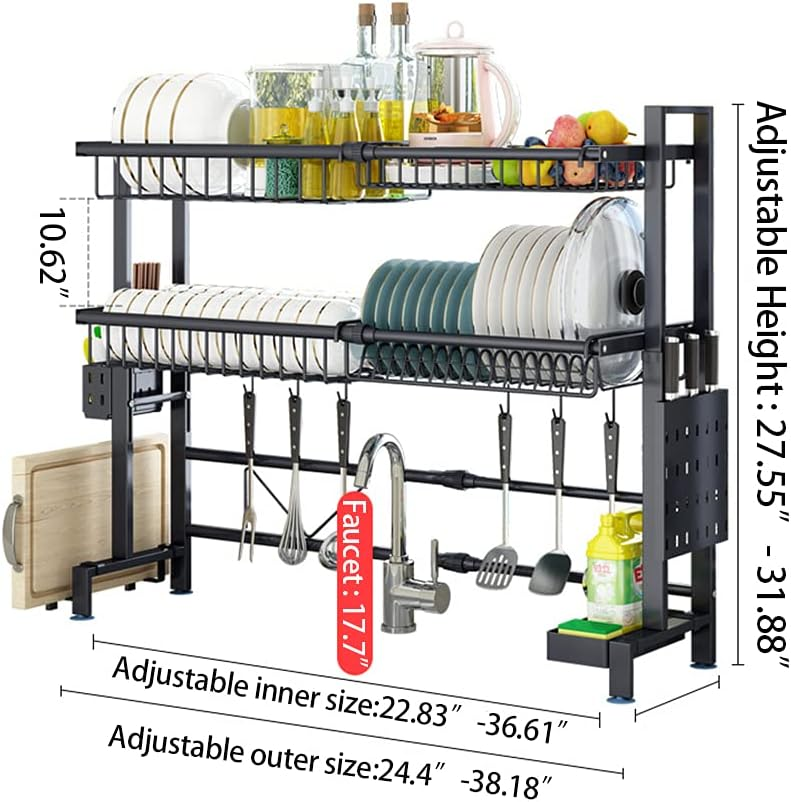 Over The Sink Adjustable Dish Drying Rack Drainer For Kitchen Organization Storage Space Saver Shelf Holder With 6 Utility Hooks Dish Rack Over 85Cm