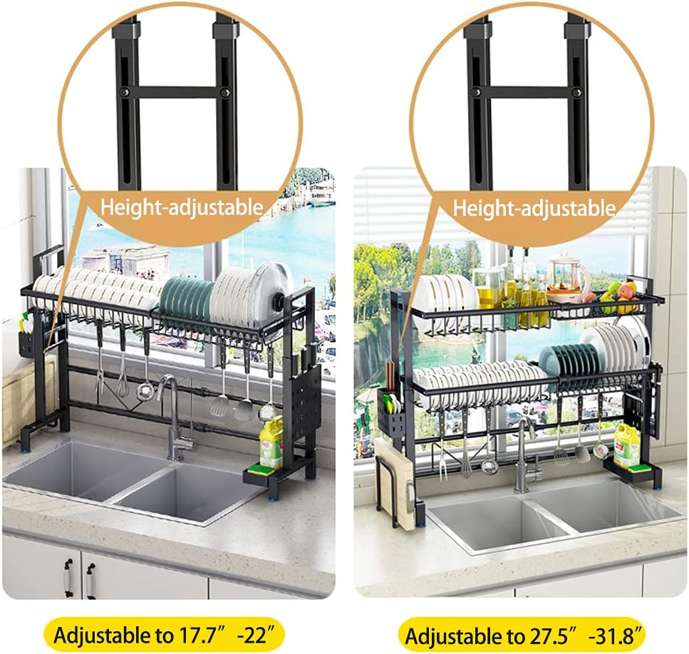 Over The Sink Adjustable Dish Drying Rack Drainer For Kitchen Organization Storage Space Saver Shelf Holder With 6 Utility Hooks Dish Rack Over 85Cm