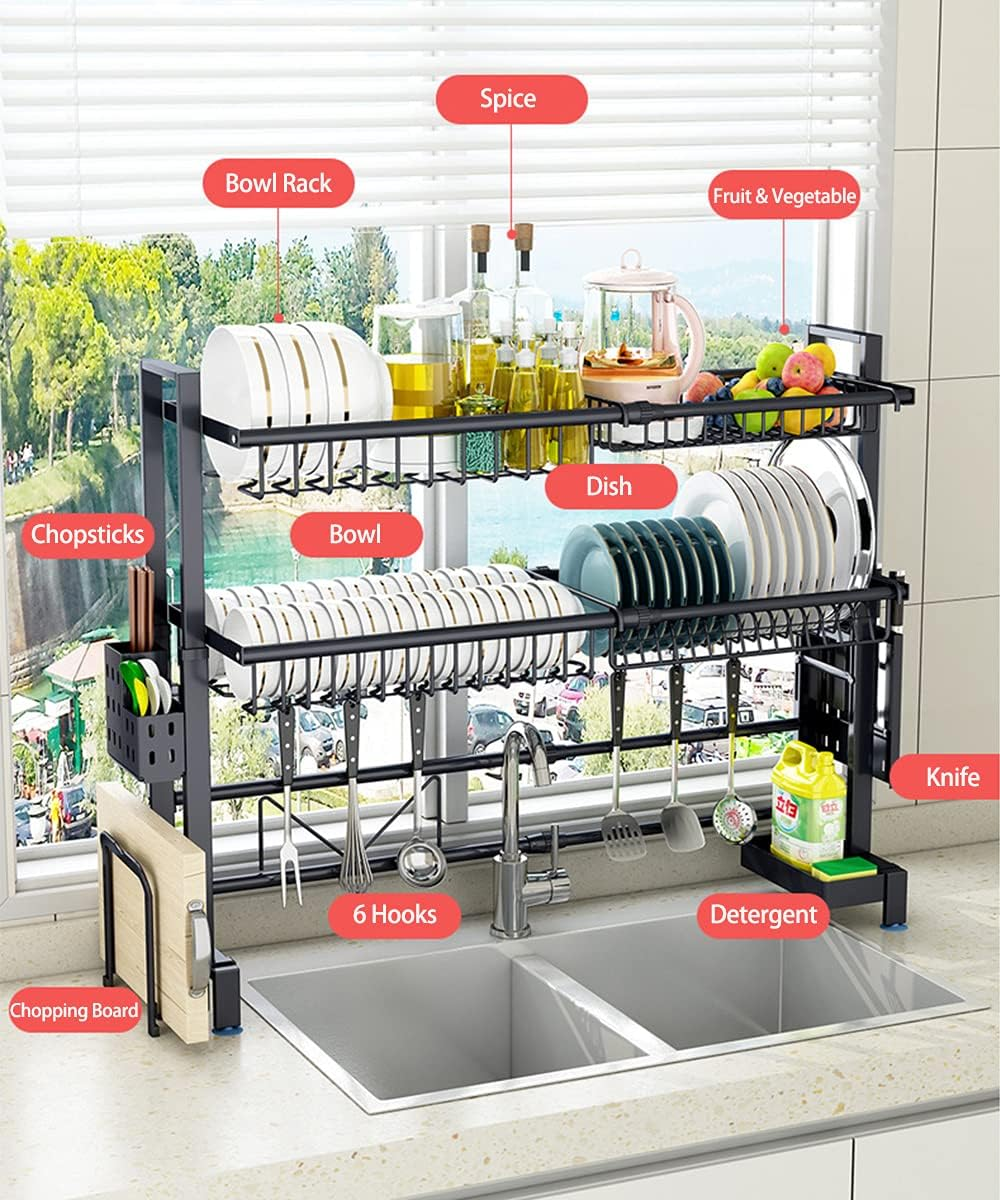 Over The Sink Adjustable Dish Drying Rack Drainer For Kitchen Organization Storage Space Saver Shelf Holder With 6 Utility Hooks Dish Rack Over 85Cm