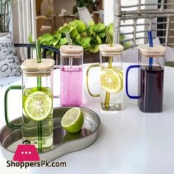 New Fancy Attractive 400Ml Square Straw Mug Glass Cup With Stylish Handle Straw And Bamboo Lid For Hot Cold Drinks