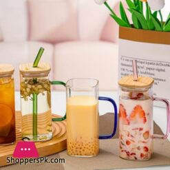 New Fancy Attractive 400Ml Square Straw Mug Glass Cup With Stylish Handle Straw And Bamboo Lid For Hot Cold Drinks