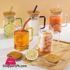 New Fancy Attractive 400Ml Square Straw Mug Glass Cup With Stylish Handle Straw And Bamboo Lid For Hot Cold Drinks