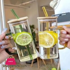 New Fancy Attractive 400Ml Square Straw Mug Glass Cup With Stylish Handle Straw And Bamboo Lid For Hot Cold Drinks