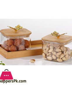 2 Pcs Square Clear High Borosilicate Glass Airtight Dryfruit Jar Set With Wood Tray Serving