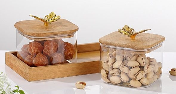 2 Pcs Square Clear High Borosilicate Glass Airtight Dryfruit Jar Set With Wood Tray Serving