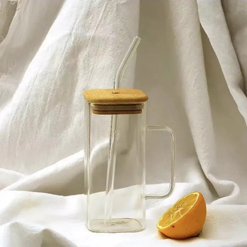 2 Pcs Square Glass Straw Mug Cup With Stylish Color Handle Straw And Bamboo Lid For Hot &Amp; Cold Drinks