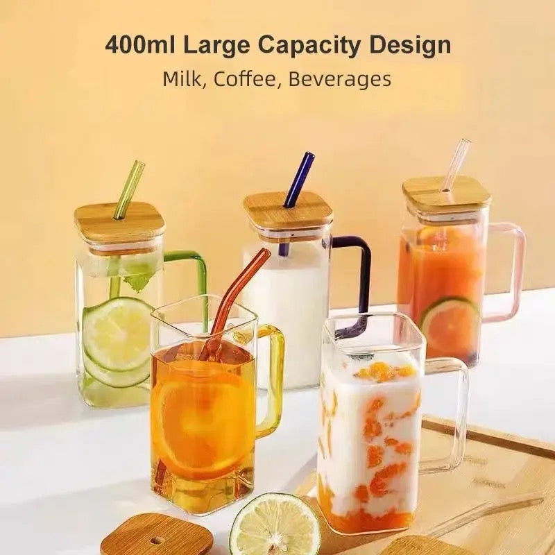 2 Pcs Square Glass Straw Mug Cup With Stylish Color Handle Straw And Bamboo Lid For Hot &Amp; Cold Drinks