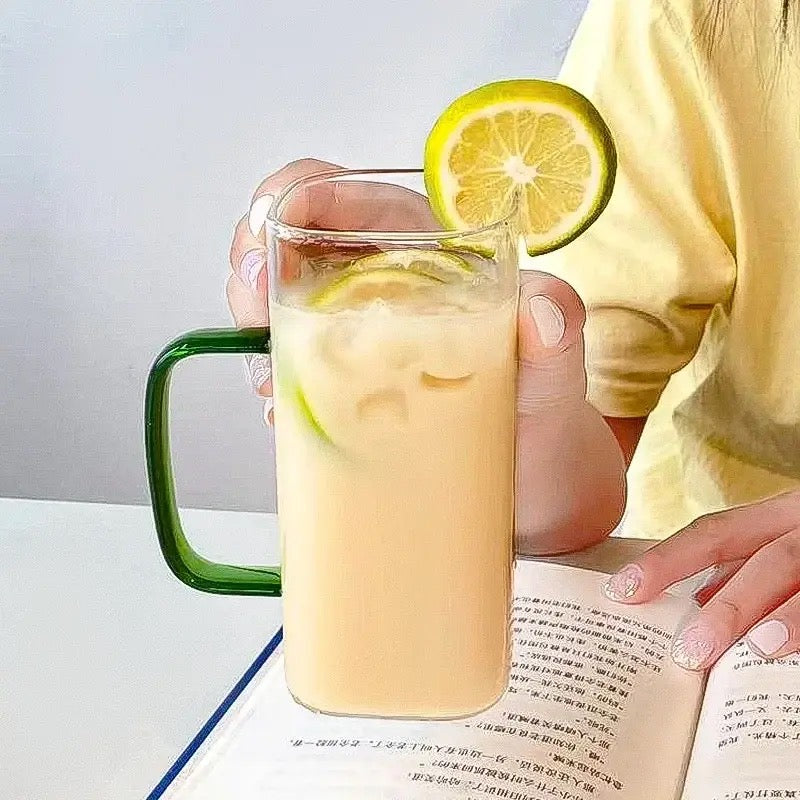 2 Pcs Square Glass Straw Mug Cup With Stylish Color Handle Straw And Bamboo Lid For Hot &Amp; Cold Drinks