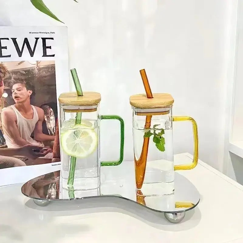 2 Pcs Square Glass Straw Mug Cup With Stylish Color Handle Straw And Bamboo Lid For Hot &Amp; Cold Drinks