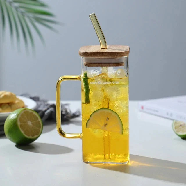 2 Pcs Square Glass Straw Mug Cup With Stylish Color Handle Straw And Bamboo Lid For Hot &Amp; Cold Drinks