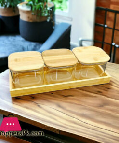 3 Pcs Square Clear High Borosilicate Glass Airtight Dryfruit Jar Set With Wood Tray Serving Tray