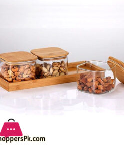 3 Pcs Square Clear High Borosilicate Glass Airtight Dryfruit Jar Set With Wood Tray Serving Tray - Image 2