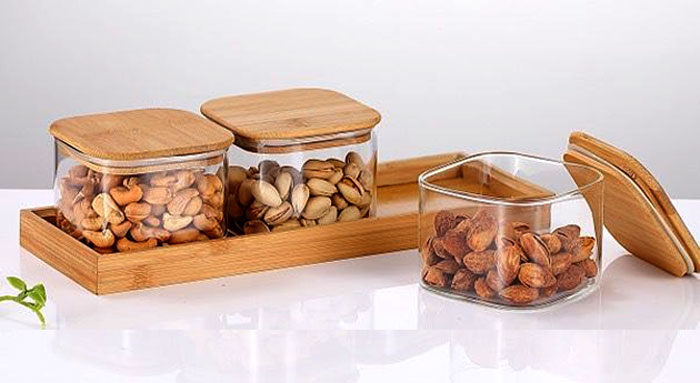 3 Pcs Square Clear High Borosilicate Glass Airtight Dryfruit Jar Set With Wood Tray Serving Tray