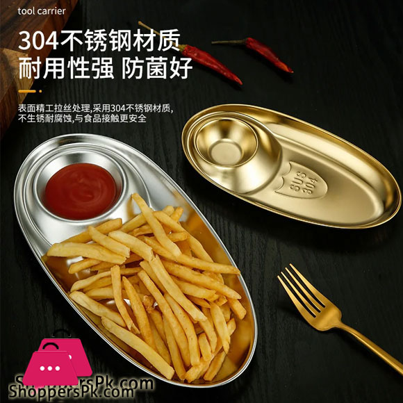 304 Stainless Steel Oval Shaped Dumpling Plate With Sauce Portion Gold 20