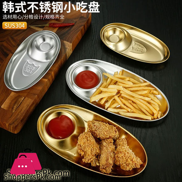 304 Stainless Steel Oval Shaped Dumpling Plate With Sauce Portion Gold 20
