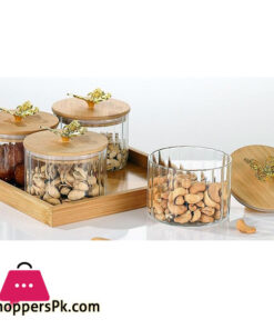 4 Pcs Round Butterfly Top Clear High Borosilicate Glass Airtight Dryfruit Jar Set With Wood Tray Serving Tray Set