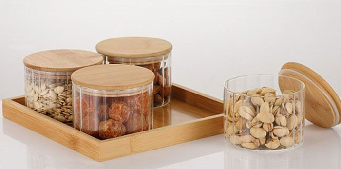 4 Pcs Round Ribbed High Borosilicate Glass Airtight Dryfruit Jar Set With Wood Tray Serving Tray Set