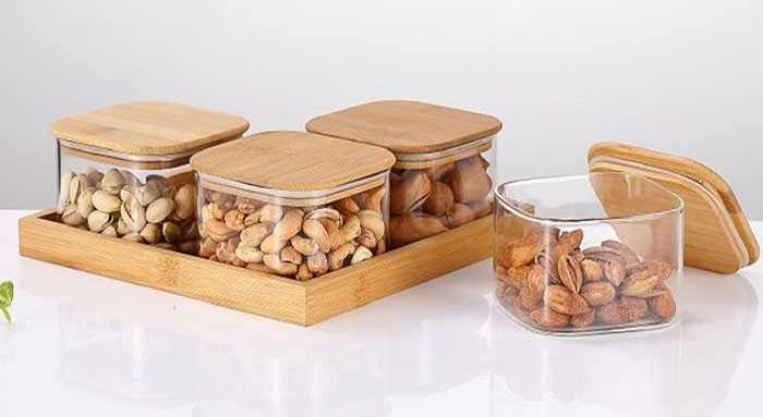 4 Pcs Square Clear High Borosilicate Glass Airtight Dryfruit Jar Set With Wood Tray Serving Tray