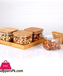 4 Pcs Square Clear High Borosilicate Glass Airtight Dryfruit Jar Set With Wood Tray Serving Tray 7 4 Pcs Square Clear High Borosilicate Glass Airtight Dryfruit Jar Set With Wood Tray Serving Tray - Image 2