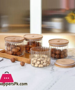 4 Pcs Round Bamboo Top Clear High Borosilicate Glass Airtight Dryfruit Jar Set With Wood Tray Serving Tray Set