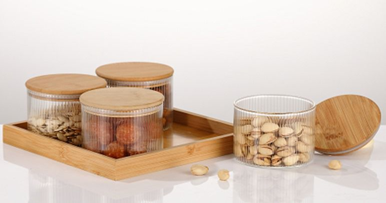 4 Pcs Round Clear High Borosilicate Glass Airtight Dryfruit Jar Set With Wood Tray Serving Tray Set