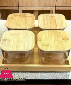 4 Pcs Square Clear High Borosilicate Glass Airtight Dryfruit Jar Set With Wood Tray Serving Tray