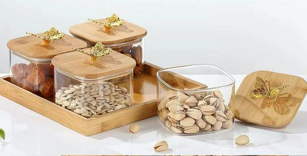 4 Pcs Square Clear High Borosilicate Glass Airtight Dryfruit Jar Set With Wood Tray Serving Tray Set