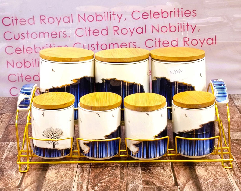 Solecasa Ceramic Canister With Bamboo Lid 7 Piece Set With Metal Stand 4 Solecasa Ceramic Canister With Bamboo Lid 7 Piece Set With Metal Stand