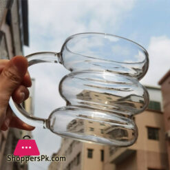 Wave Shape Borosilicate Layered Glass Cup With Handle Drinking Glass For Dessert Dinner Fruit Juice Hot Chocolate Milk 450Ml