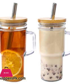 Glass Cup With Handle Glass Cup With Bamboo Lids And Straw 9 Glass Cup With Handle Glass Cup With Bamboo Lids And Straw - Image 3