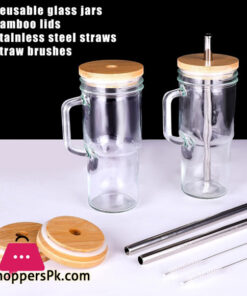 Glass Cup With Handle Glass Cup With Bamboo Lids And Straw 8 Glass Cup With Handle Glass Cup With Bamboo Lids And Straw - Image 2