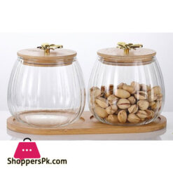 Glass Storage Jar With Wooden Lid &Amp; Tray Set Of 2 Pcs Jar And 1-Pc Tray